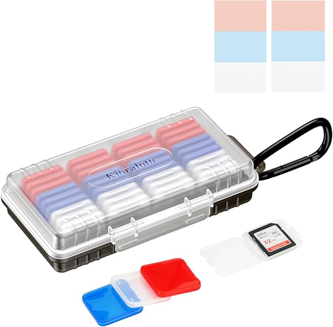 Dual Protect Waterproof SD Card Case w 36 Individual Plastic SD Card Cases | 36 Slots,Transparent,Anti-Shock,for 36x SD SDXC SDHC Cards,Camera SD Card Holder Organizer,with Carabiner & Labels by Kiorafoto