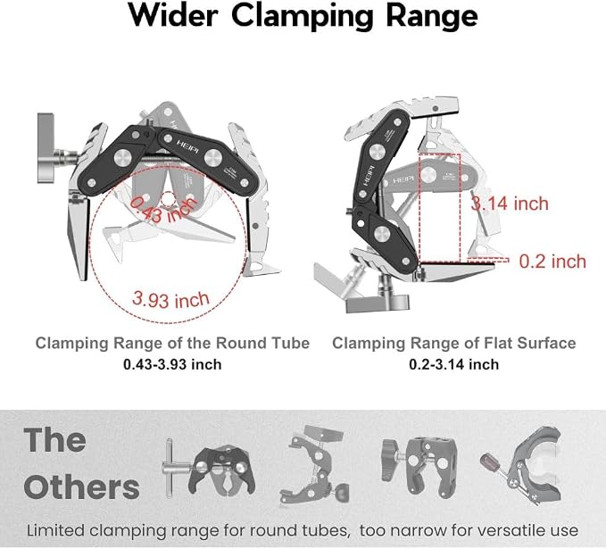 HEIPI C100 Super Clamp, Max Clamping 3.93" with 1/4"-20 & 3/8"-16 Screw | 2-in-1 clamp & stand design. Max clamping 3.93"/10cm.Compatible with phone, action camera, DSLR. Universal tripod accessories - Image 8