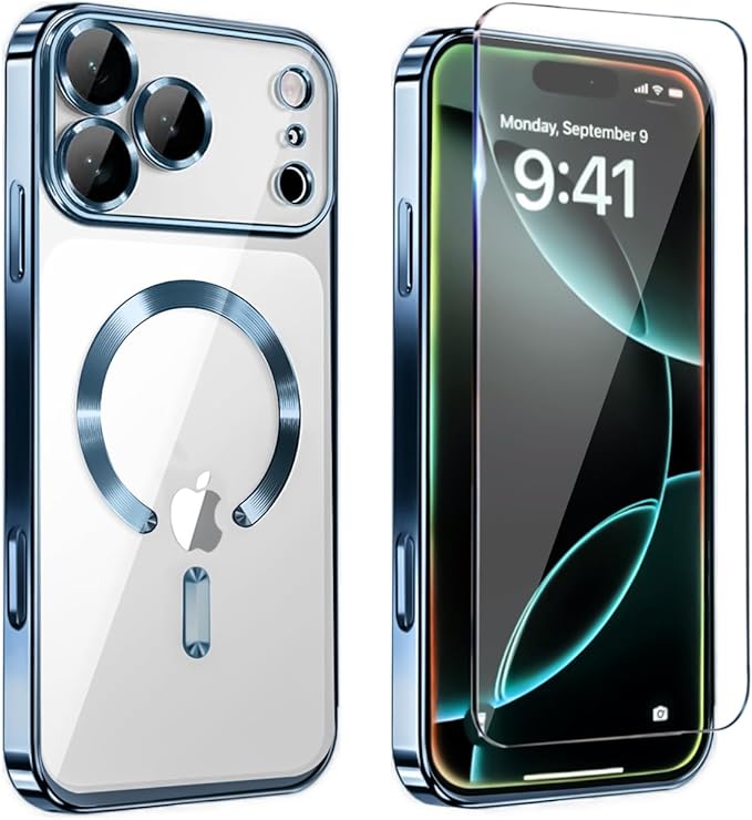 Magnetic Glossy Case for iPhone 17 Pro Max,iPhone 17 ProMax Phone Case Slim Clear Luxury with Screen Protector & Camera Protector [Compatible with MagSafe], Shockproof Cover for iPhone 17 Max-Blue by Unknown
