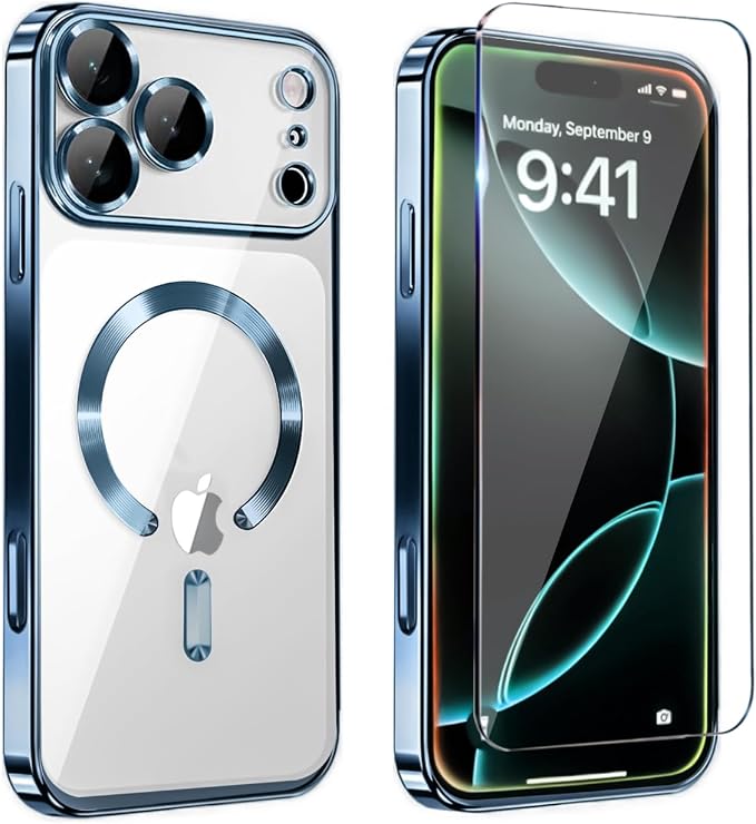Magnetic Glossy Case for iPhone 17 Pro,iPhone 17Pro Phone Case Slim Clear Luxury with Screen Protector & Camera Protector [Compatible with MagSafe], Shockproof Cover for iPhone Pro 17-Blue by Unknown