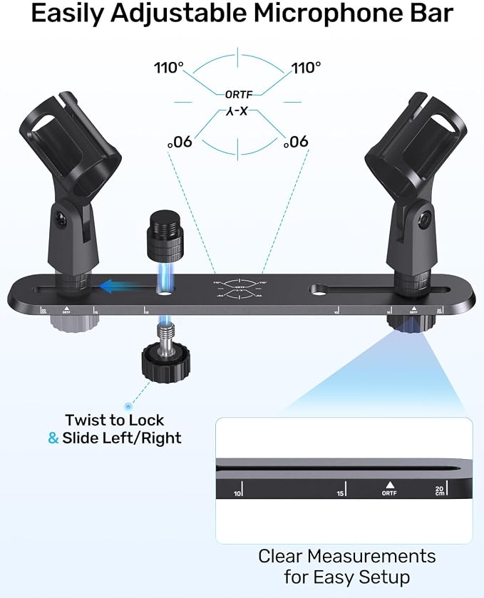 Stereo Array Spacing Mic Bar Mount, Aluminum Dual Holder with Ruled Marking | Adjustable Positioning, Durable Aluminum Construction, Fits 5/8, 3/8 & 1/4 Stands, for XY/ORTF Recording, Studio, Podcasting - Image 2
