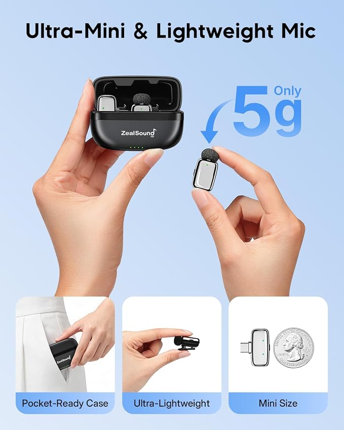 ZealSound Mini Wireless Lavalier Microphone for iPhone iPad Android, Dual Channel Wireless Microphones with Noise Cancellation, Mute & Volume Control, 33H Battery Case, USB-C & Lightning Plug & Play - Image 2