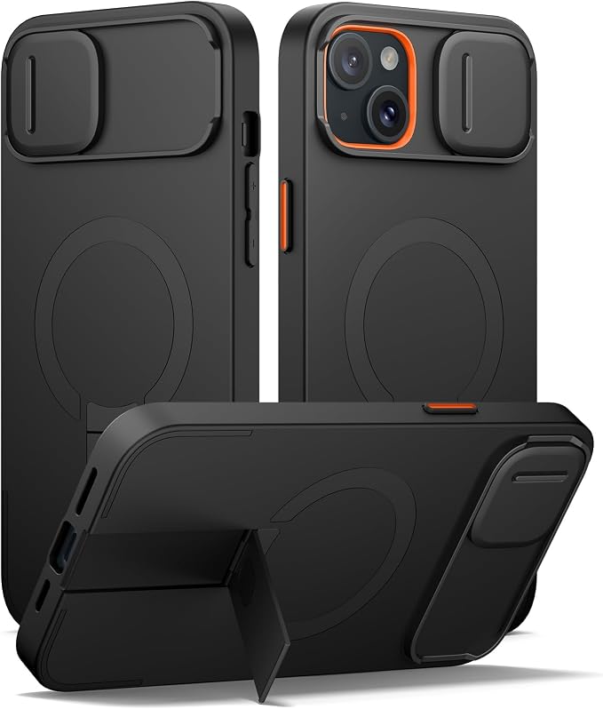 SURITCH for iPhone 14 Plus/15 Plus Case with Magnetic Camera Slide Cover and Adjustable Kickstand, Compatible with MagSafe, Shockproof Bumper Case Slim Protective Cover 6.7 Inch, Black by SURITCH