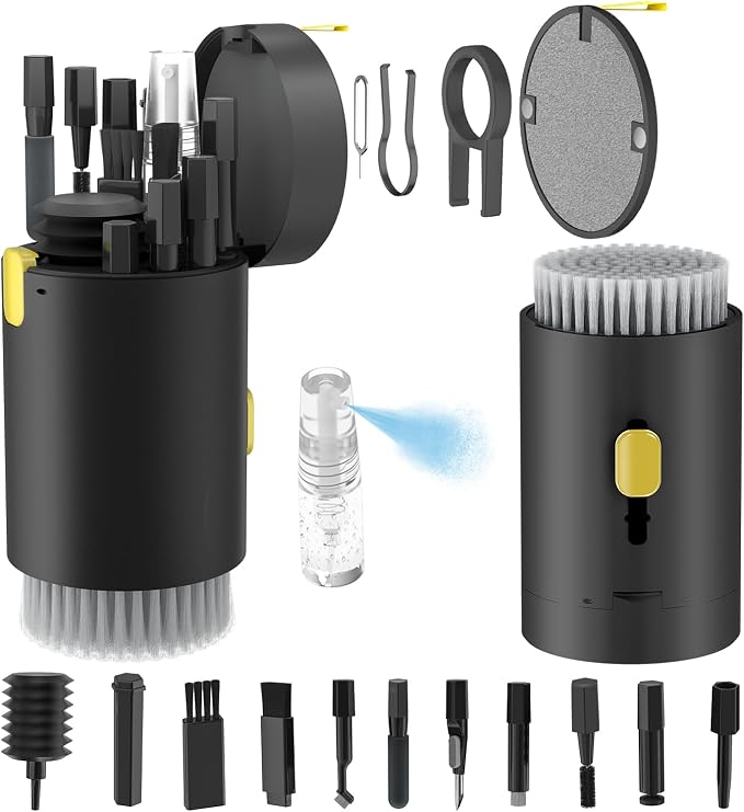 Tounee Keyboard Cleaner Kit, Electronics Cleaning Kit with Retractable Big Brush, Portable, 20 in 1 Multi-Tool Kit for Phones, Tablet, Computer, PC Monitor,TV Camera Lens with 2.5ml Mist Spray (Black) by tounee