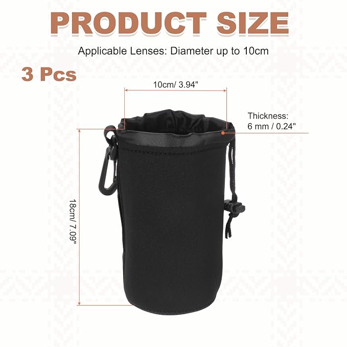 PATIKIL 3 Pcs Camera Lens Pouch, 4" ID x 7" H Drawstring Lens Pouch Protective Camera Lens Case Bag Soft Plush Neoprene Bag for DSLR Photography Gear, Black - Image 2