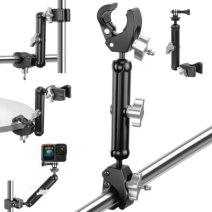Double Super Clamp Camera/Umbrella Mount,360° Magic Long Arm Pole Clamp,Double Ball Head Adapter for Photo Studio Light Stand,Gopro,Golf Carts,Motorcycle,Cross Bars,Strollers (Black) - Image 6