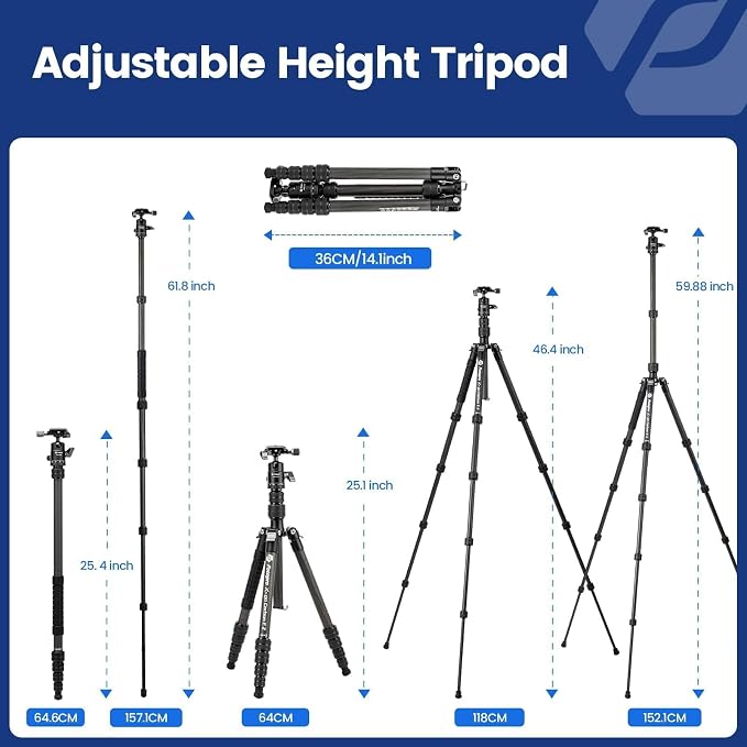 Fotopro 60" Carbon Fiber Travel Tripod for Camera, 2.0lb Ultra-Light, Flexible Center Axis, 360° Pan/Tilt Ball, Arca QR Plate, Max Load 13.6lb - Image 5