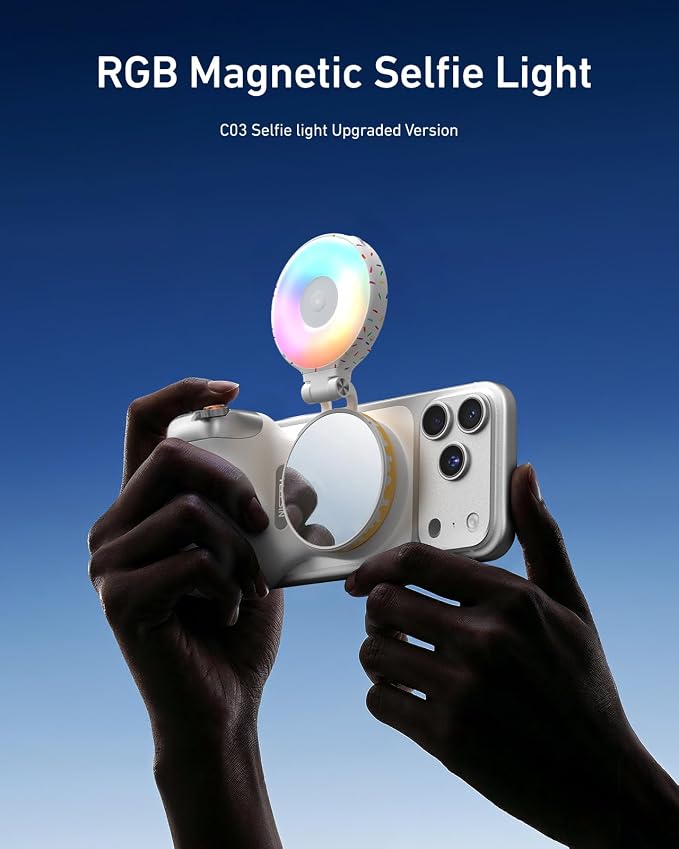 TELESIN Magnetic Selfie Light for iPhone Magsafe and Android | 360° Rotating Full Color RGB Phone Light with Mirror & Stand, LED Selfie Ring Fill Light for Pictures, TikTok, Vlog, Makeup - Image 3
