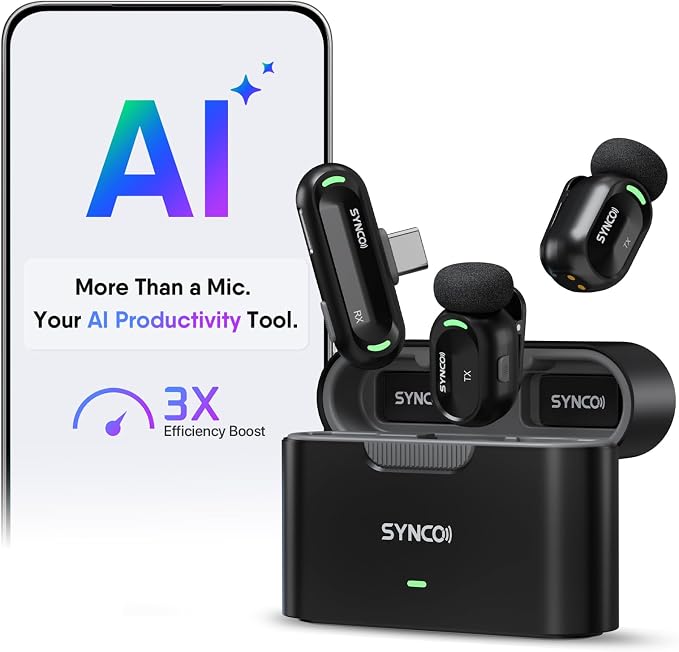 SYNCO AI Mini Wireless Lavalier Microphone for Android USB-C Creators | AI Translation & Instant Summaries, AI Noise Reduction and Mind Maps, Save Time for Vlogs, Interviews, Meetings, Travel by SYNCO