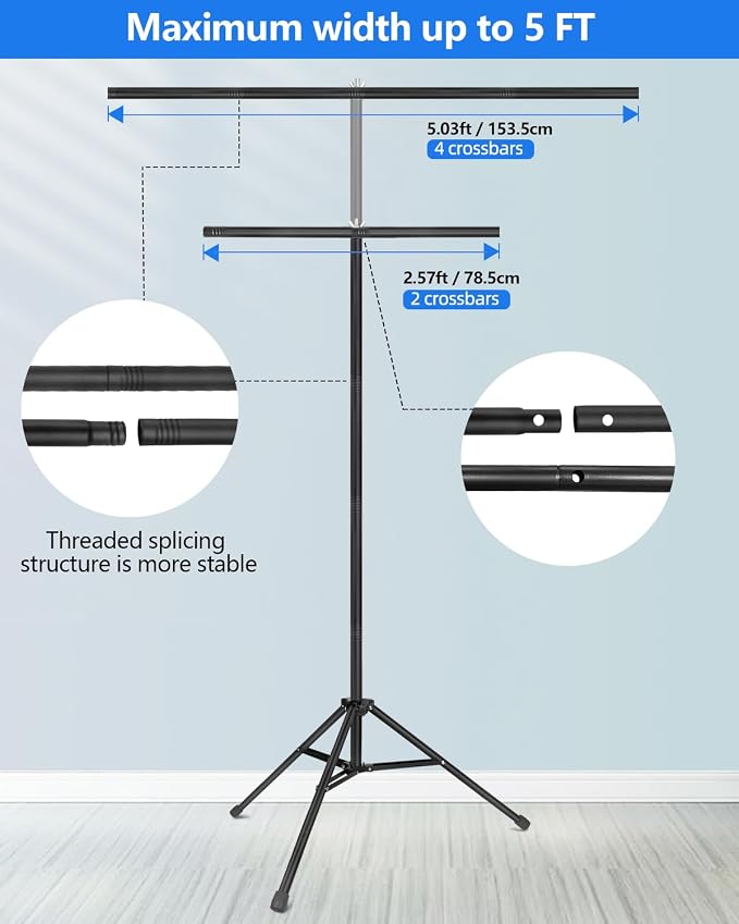 Hemmotop T-Shape Photo Backdrop Stand Portable 7x5ft (HxW) | Threaded Connection, Same Pipe Size, Extra Sturdy, with 5 Clips and Carry Bag, for Birthday, Baby Shower Party, Photoshoot - Image 4