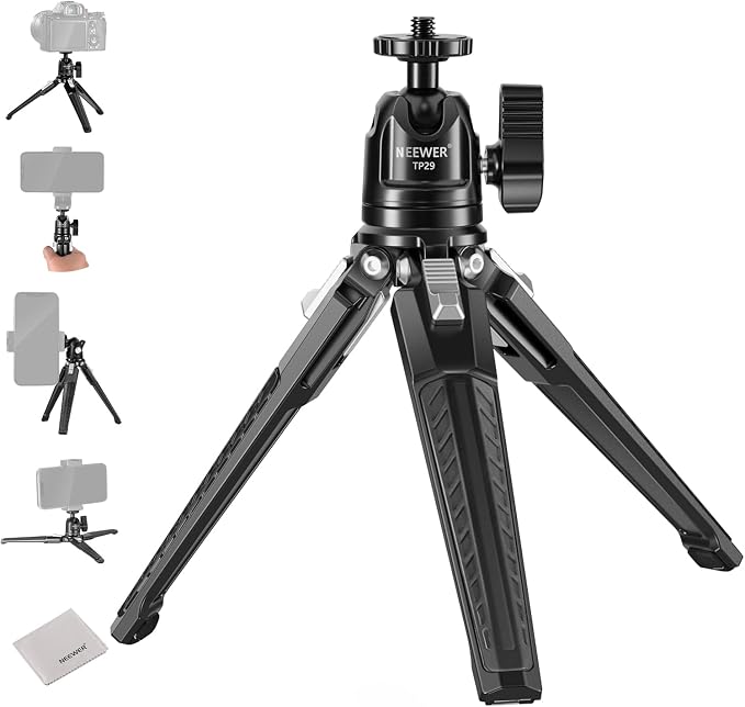 NEEWER Mini Desk Tripod, Metal Table Top Small Portable Travel Selfie Stick Stand with 360° Ball Head & 1/4" Screw for Camera Mobile Phone Holder Action Cam, Cleaning Cloth, Max Load 6.6 lbs, TP29 by Neewer
