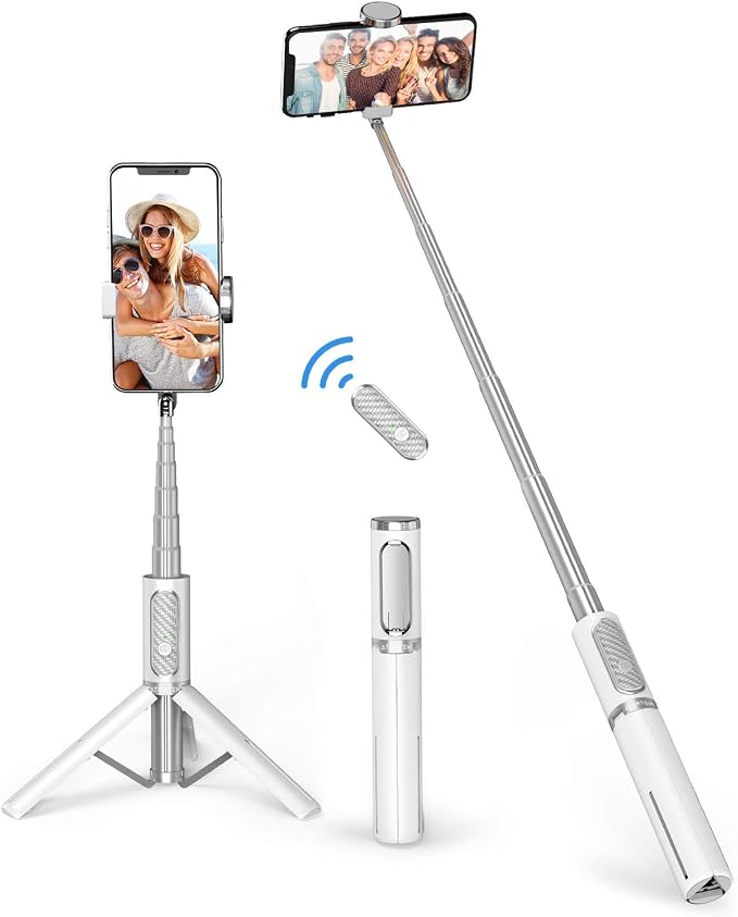 ATUMTEK Selfie Stick Tripod, 3-in-1 Extendable Aluminum Phone Tripod with Detachable Bluetooth Remote, Compatible with iPhone 17/16/15/14/13/12/11/11 Pro/XS Max/XR and Samsung Smartphones, White by ATUMTEK