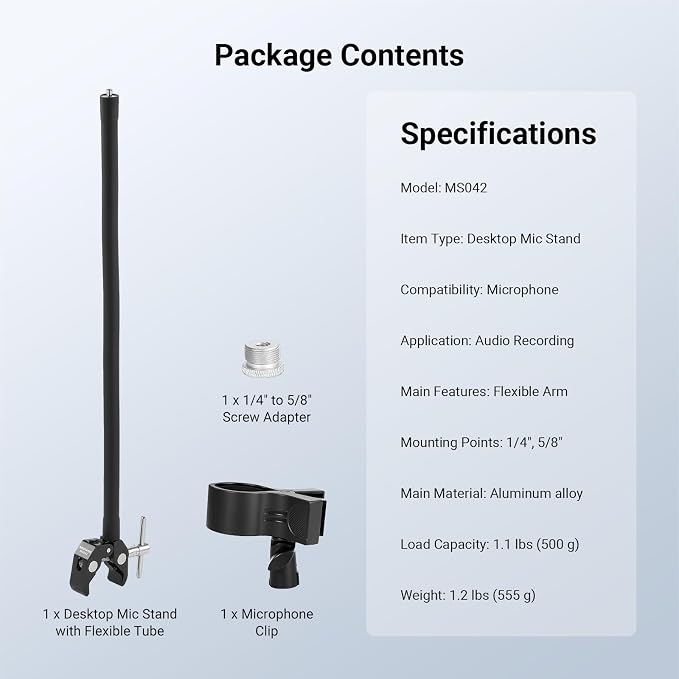 NEEWER Desktop Microphone Stand with Flexible Arm, Adjustable Desk Mic Clamp Holder Mount with Clip & 1/4" to 5/8" Adapter Compatible with Shure Razer Seiren Mini Audio Technica AT2020, MS042 - Image 7