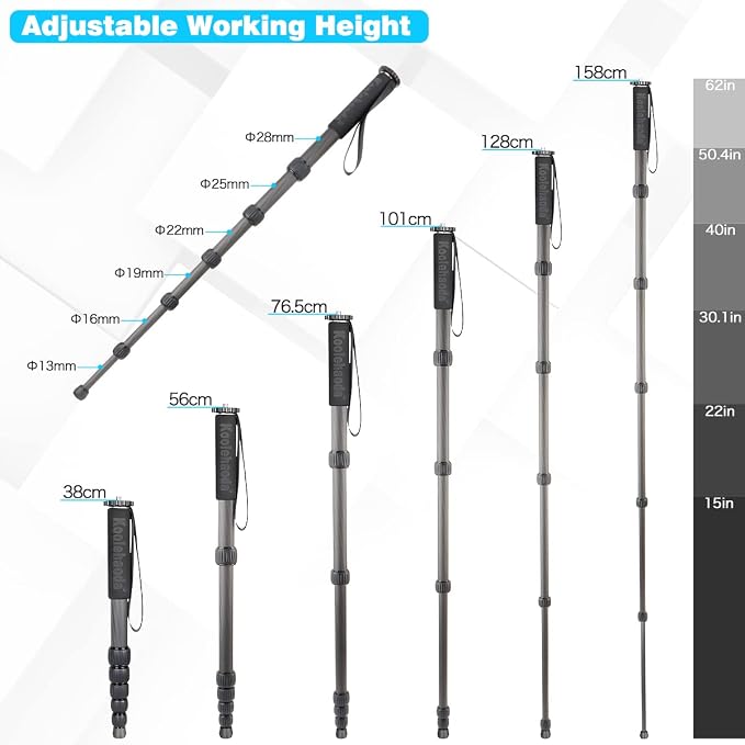 Koolehaoda 62" Camera Monopod 6 Section Compact Carbon Fiber Unipod | Extendable Photography Monopod with Phone Holder for DSLR Mirrorless Cameras Video Camcorder Max Load 10kg/22lbs - Image 3