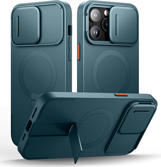 SURITCH for iPhone 14 Pro Max Case with Magnetic Camera Slide Cover and Adjustable Kickstand, Compatible with MagSafe, Shockproof Bumper Case Slim Protective Cover 6.7 Inch, Lake Green by SURITCH