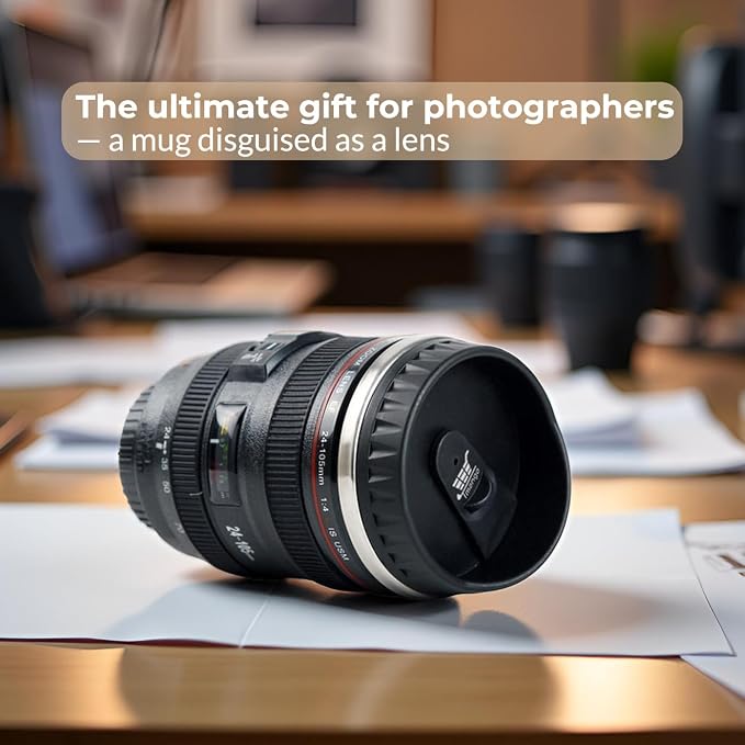 Camera Lens Coffee Mug with Slider Lid and Spoon– Realistic DSLR Thermos Cup, Novelty Gift for Photographers, Men & Women - Image 6