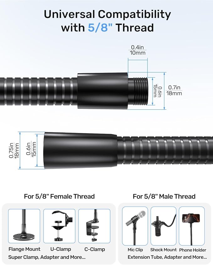 19" Flexible Microphone Gooseneck, 5/8 Thread, Max 2.5 lb Load, Heavy Duty | Gooseneck Mic Arm Extension, Durable Aluminum Alloy, 5/8 Male and Female Thread for DIY, Podcast, Studio, Podium, Black - Image 4