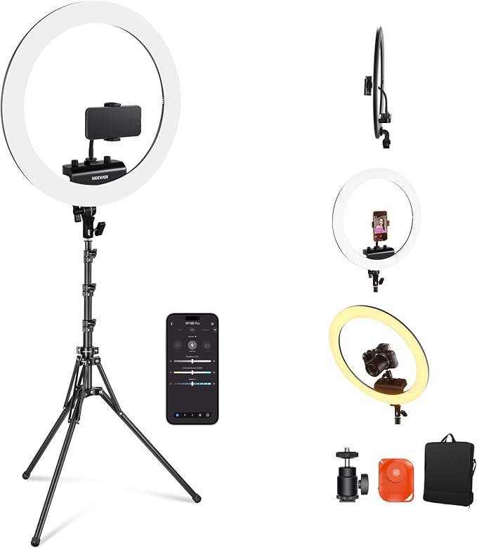 NEEWER Professional 18 Inch Ring Light with Tripod Stand Phone Holder Compatible with iPhone, 45W Remote Shutter App Control, Video Recording Makeup Selfie Studio Streaming Filming, RP18B Pro Black | Compatible with iPhone, 45W, Remote Shutter, App Con... by Neewer