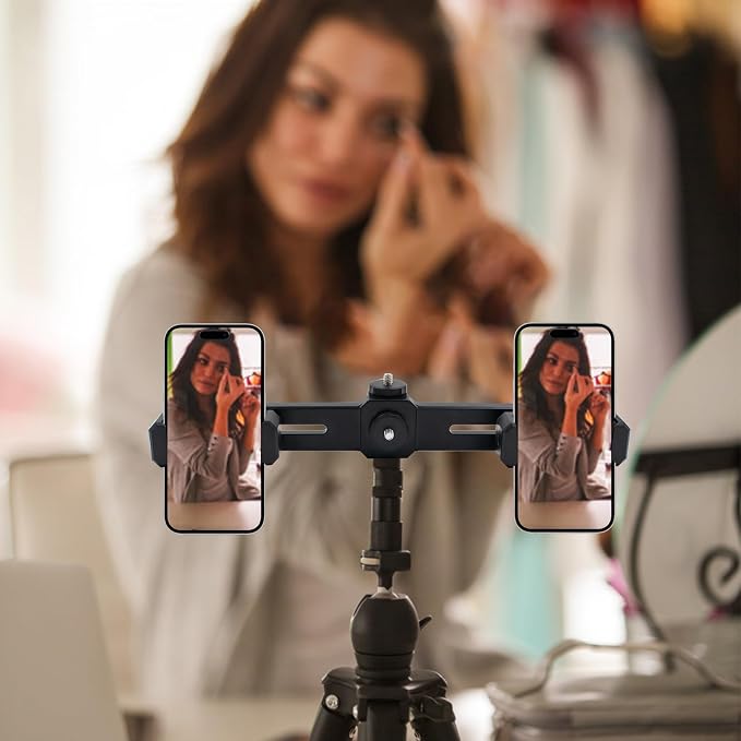 Dual Phone Holder Phone Tripod Mount Adapter, Universal 360° Rotation Adjustable Clip Stand for Vlog Live Streaming Video Recording, Compatible with 1/4'' Screws, Black - Image 5
