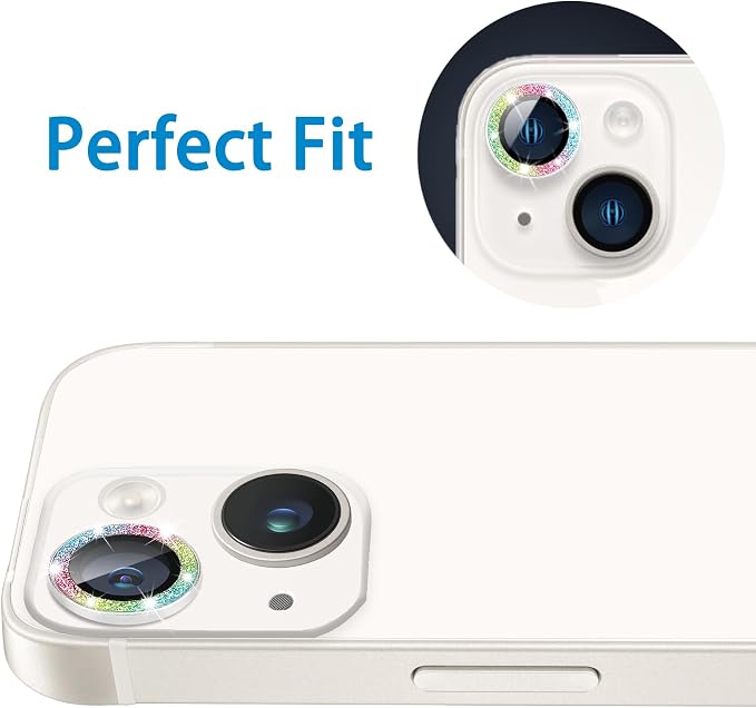 for iPhone 13 Mini & iPhone 13 Camera Lens Protector, Bling Glitter 9H Tempered Glass Camera Cover Anti Scratch Shockproof Screen Protector Individual Ring - 2Pcs Glitter Colorful - Image 4
