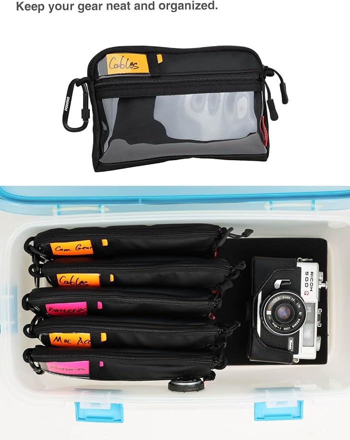 Video Accessories Organizer Pouch with Clear Window, 900D PU Utility Bag for Camera Accessories, Cable Storage, Battery Case, Small Tool Bag with Carabiner & ID Labels, for Travel Filming - Image 4