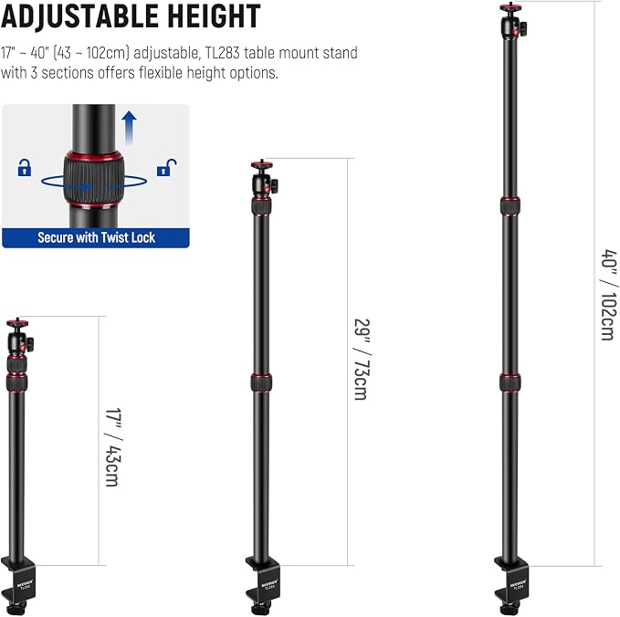 NEEWER Extendable Camera Desk Mount with Ball Head, 17"-40" Adjustable Table Light Stand with 1/4" Screw & C Clamp for DSLR Camera, Ring Light, Live Stream, Vlog, Max Load: 6.6lb/3kg, TL283 (RED) - Image 2