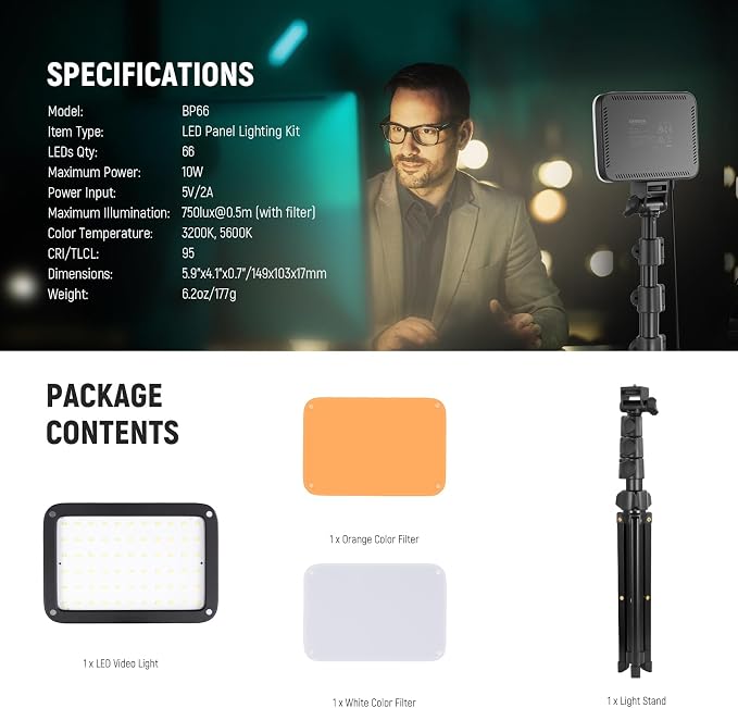 NEEWER Basics LED Video Light Panel Lighting Kit, Bi Color Dimmable Portable Studio Lights with Tripod Stand & Filters, 3200K~5600K CRI 95 750lux for Photography Video Recording Live Streaming, BP66 - Image 8