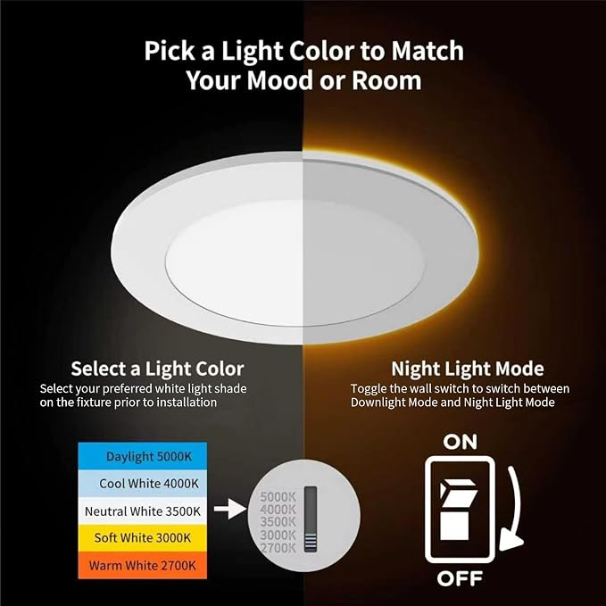 Meconard 6 Pack 6 Inch 5CCT LED Recessed Lighting with Night Light, 2700K/3000K/3500K/4000K/5000K Selectable Ultra-Thin LED Recessed Ceiling Lights, 12W=110W, 1050LM, Dimmable Canless Wafer Downlight - Image 2