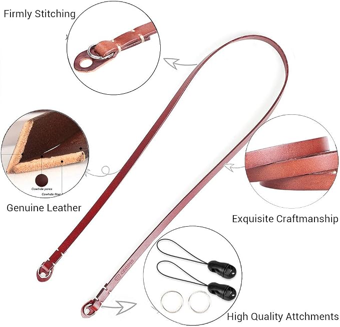 Thin Full Leather Camera Neck Strap for Mirrorless CP003 BR | 100% genuine cowhide strap, brown color vintage style, fits Canon Sony Fujifilm etc, ideal for travel and street photography - Image 3