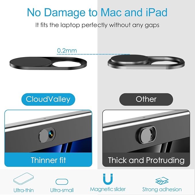 CloudValley Upgrade Magnetic Webcam Cover, [2-Pack] 0.023 inch Metal Camera Cover Slide | for Mac, iPad, MacBook Pro, MacBook Air, Laptops, PC/Computer, Tablets, Web Blocker Protect Your Privacy - Image 4