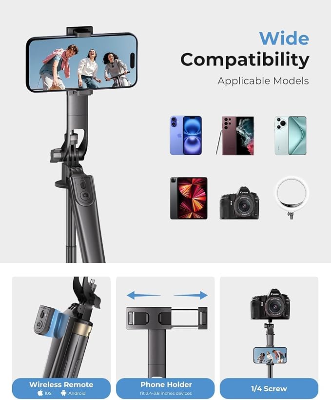 72" Phone Tripod, Tripod for iPhone with Wireless Remote Control, Portable Selfie Stick for iPhone, Live Streaming, Video Recording, Compatible with Cell Phones, Cameras - Image 6