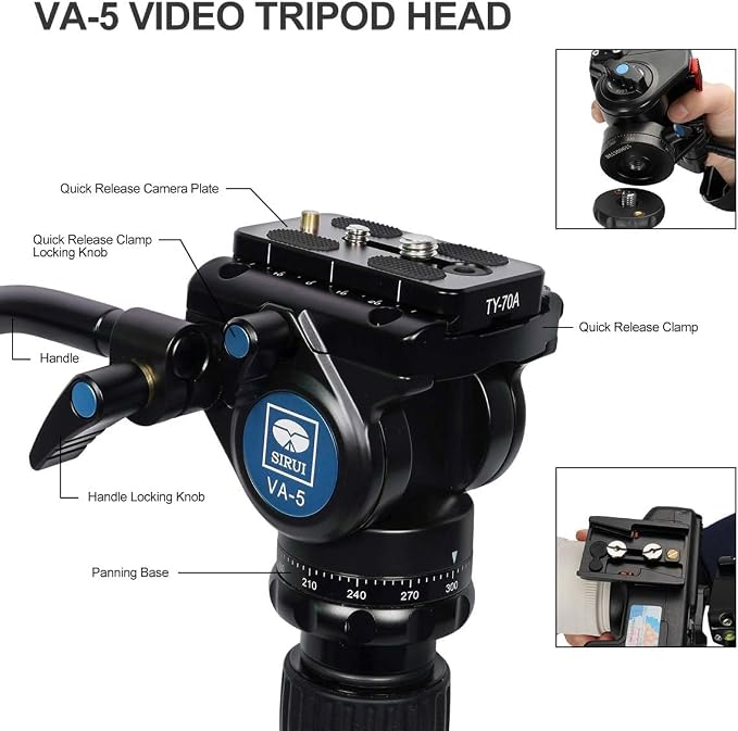 SIRUI Aluminum Camera Tripod Monopod with VA-5 Fluid Pan Head, 62.6″Heavy Duty Tripod Kit for DSRL, Binocular, Spotting Scope, Quick Release Plate, 1/4" 3/8" Screws, Payload 6.6lbs -Traveler VA - Image 2