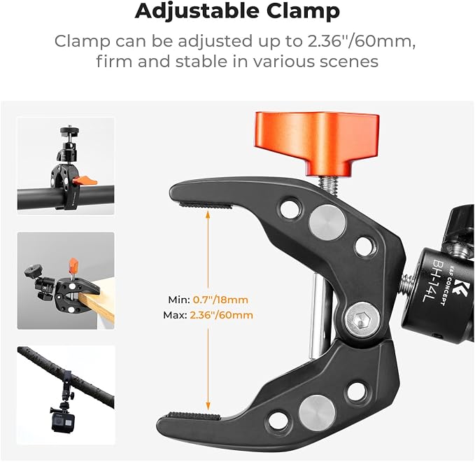 K&F CONCEPT Super Clamp Camera Clamp with 360° Ballhead | Compatible with GoPro/Insta360/Pocket 3, 1/4" Screw & Cold Shoe Mount for Camera/Monitor/Light/Microphone, MS26 - Image 3