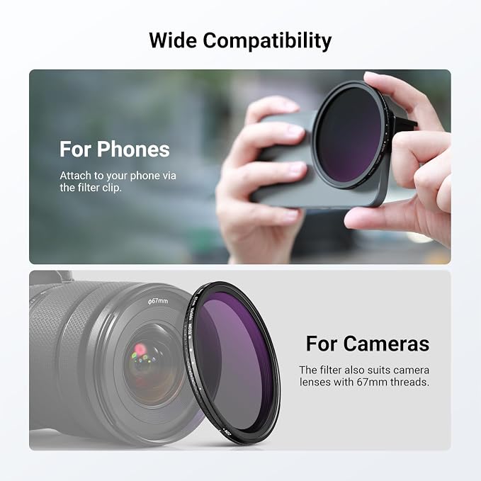 NEEWER 67mm Variable ND Filter & Threaded Phone Clip Set, Adjustable ND2-32 HD Neutral Density Mobile Photography Accessories, Compatible with iPhone 17 Pro Max Samsung S26 Ultra - Image 7