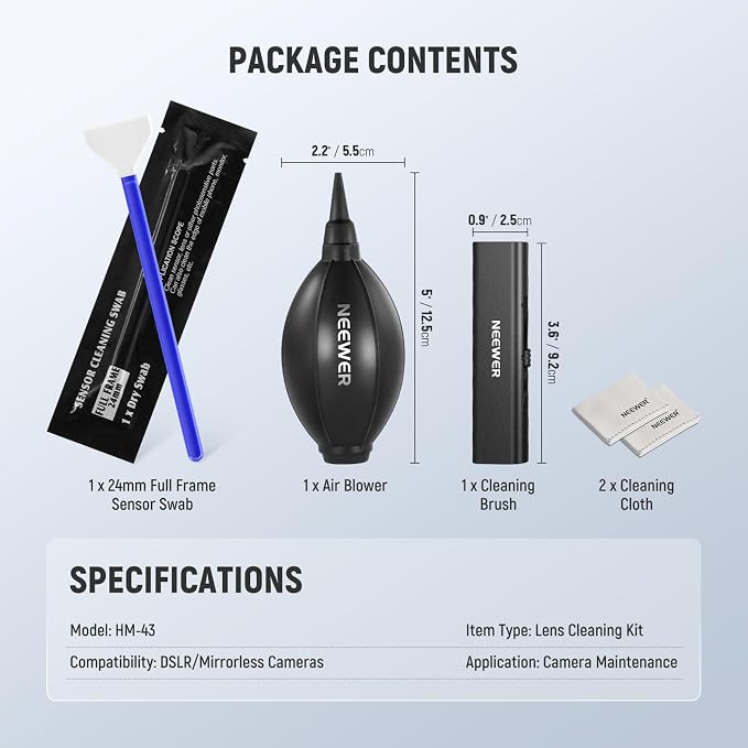 NEEWER 5 in 1 Camera Lens Cleaning Kit, 1x Lens Brush Pen + 1x Air Blower + 1x 24mm Full Frame Sensor Swab + 2X Cleaning Cloth, for Electronics, Smartphones, Tablets, HM-43 - Image 7