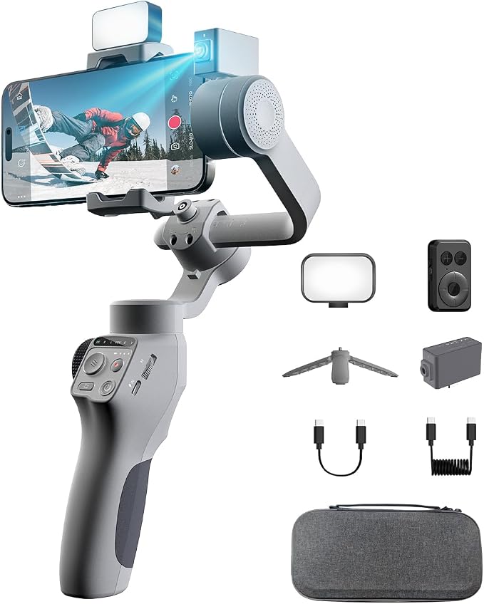 Capture5 Gimbal Stabilizer for Smartphone, Magnetic AI Tracker Fill Light Remote Control 500g Payload, 3-Axis Phone Gimbal for Android & iPhone 16 15 Pro Max for Video Recording（Gray） by FUNSNAP
