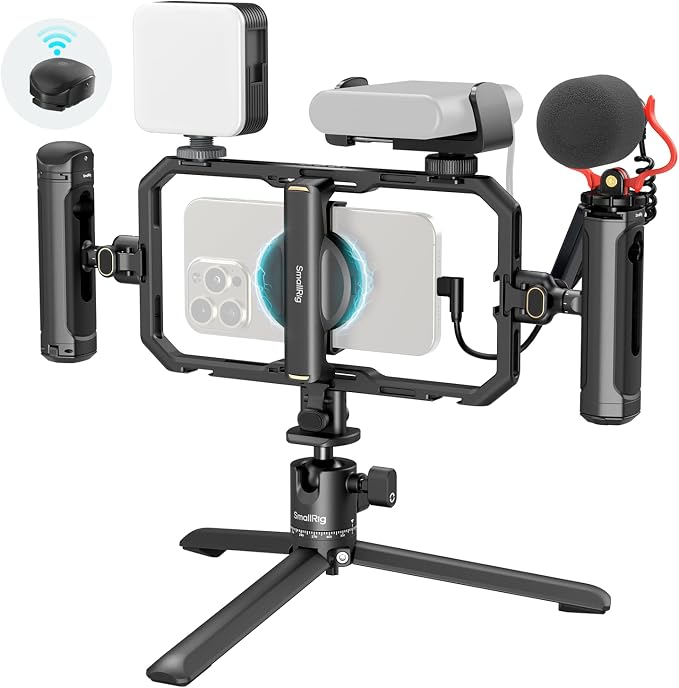 SmallRig Pro Phone Stabilizer Video Rig Kit, All-in-One Creator Bundle with LED Light, Mic,Table Tripod, Dual Handles for Live Streaming, for Creator, for iPhone 17/16/15 Pro, Android by SmallRig