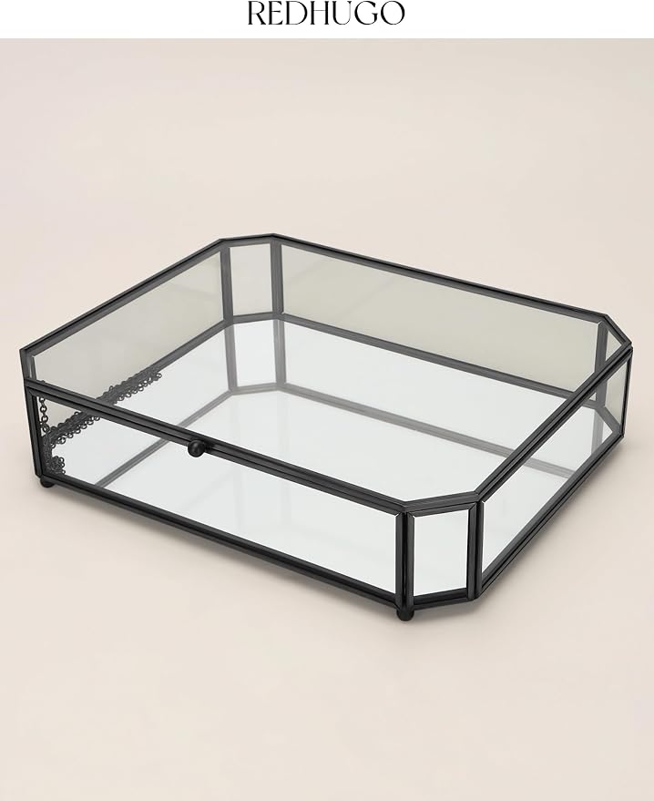 REDHUGO Large Glass Boxes for Display Handmade, Octagon, Black | Handmade Glass Jewelry Box with Mirrored Bottom and Lid, Ideal for Trinkets, Photos, Keepsakes and Vanity Decor - Image 5