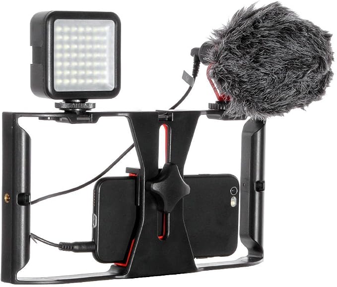 FocusFoto Smartphone Video Rig Camera Cage Mount Holder Stabilizer Handle Grip with BOYA by-MM1 Shotgun Microphone Mic + 49 LED Light Kit for Mobile Phone iPhone Filmmaking Professional Videomaker - Image 2