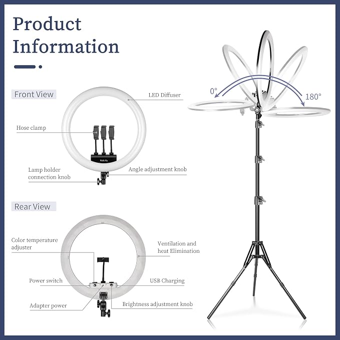 Ring Light with Stand, 19in LED Selfie Circle Light, Max 8ft/2.5m Tripod Stand, 3 Holders for iPhone, Remote Control, 6300K Color Temperature for Live Streaming, Barber, Makeup, YouTube, Tiktok - Image 9