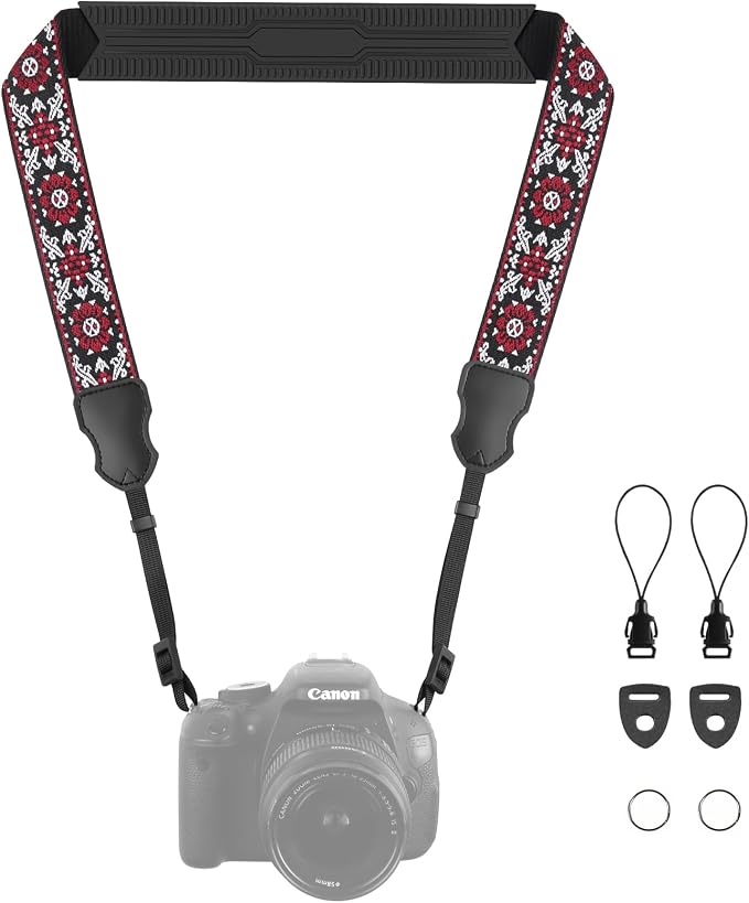 FIEIL Neck Strap Silicone Camera Straps - Padded Camera Strap, 1.5" Wide Adjustable Nylon Shoulder Strap - Compatible with Canon, Nikon, Sony, and More DSLR and Mirrorless Cameras (Red Flower) by FIEIL