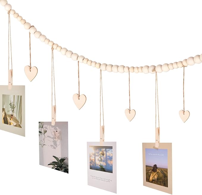 KLOGTSIND Hanging Photo Display with Clips, Wood Bead String Photo Banner | 9 Wooden Clips, Boho Picture Frames Collage Wall Decor, Photo Hanger for Bedroom, Office, Dorm Decor - Image 5
