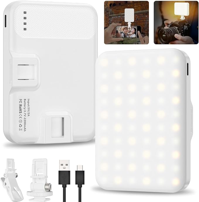 Selfie Light, LED Camera Light Video Lights 60 LED 2200mAh Rechargeable Phone Light 7 Modes, 10-Level Brightness, Portable Clip on Light for Phone/Tablet/Laptop White by Hagibis