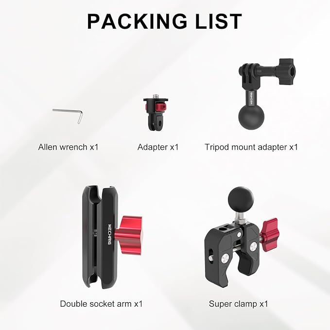 Camera Mount Super Clamp, Double Ballhead Magic Arm Clamp for GoPrO/Pocket 3 /lnsta360 X3 X4 /DSLR/Monitor/LED Light/Flash/Microphone,360°Rotating & 1/4”Screw & CNC Ebike Handlebar Clip Kit, JC008 - Image 8