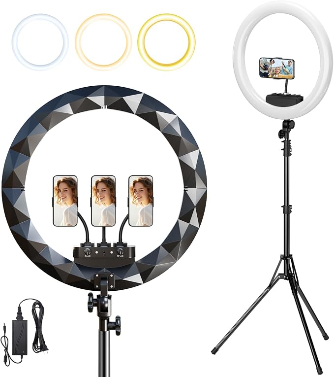 19" LED Ring Light with Stand, 78.7" Tripod, 3 Phone Holders | 45W Selfie Light, 2700K-6300K Adjustable Color, CRI 96+, Dimmable Brightness for Live Streaming, TikTok, YouTube, Makeup by GSYXERGILES