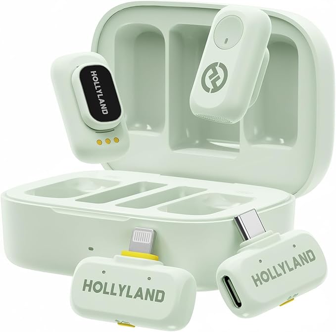 Hollyland Lark A1 Wireless Mini Microphone for iPhone & Android, 48kHz/24-bit, 3-Level Intelligent Noise Cancel, Microphone for YouTube, Podcast, Vlogging (Green, 2TX + 2RX + Charging Case) by Hollyland