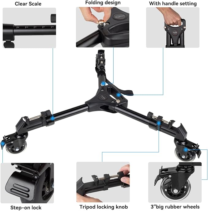 SmallRig Universal Photography Tripod Dolly, Heavy Duty with 3" Rubber Wheels, Adjustable Legs and Carry Bag, 33 lbs Capacity Tripod Wheels for Canon for Sony Cameras Camcorder Video Lighting- 3986 - Image 2