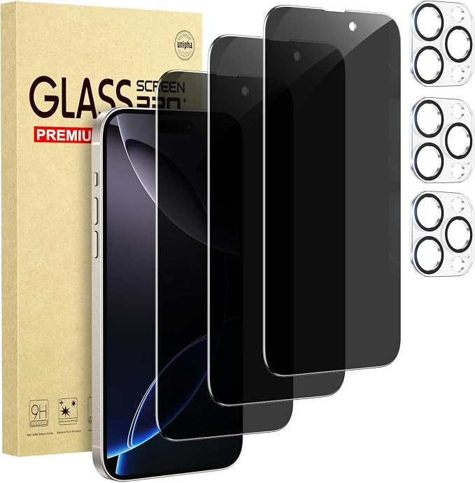 3 Pack Privacy Screen Protector for iPhone 16 Pro Max+3 Pack Camera Lens Protector with Tempered Glass,Touch Sensitive and Case Friendly by Cutebe