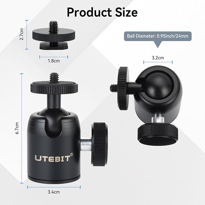 UTEBIT Mini Ball Head, with 3/8" to 1/4" Adapter Ballheads Black | 360° Pan 90° Tilt Tripods Mount with 24mm Ball Head Metal Low Profile, Camera Mount Adapter Holder for Phone/DLSR Camera - Image 7