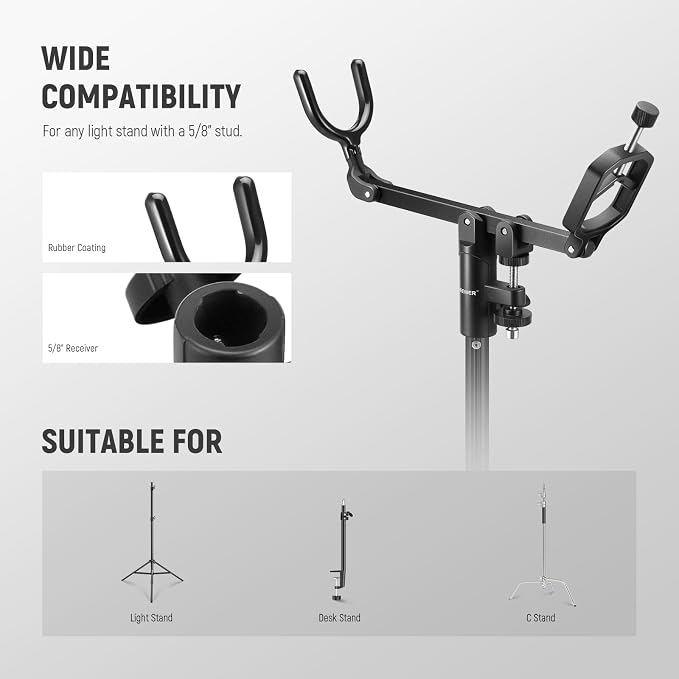 NEEWER Mic Boom Pole Support Holder with 5/8" Stud for Light Stand Boom Arm C Stand, Metal Nonslip DSLR Video Microphone Shotgun Mount Adapter, -15°/+30° Tilt, Max Load: 17.6lb/8kg, CM-NA-2 | For C Stand, Metal, Nonslip DSLR Video Microphone Shotgun Mo... - Image 3